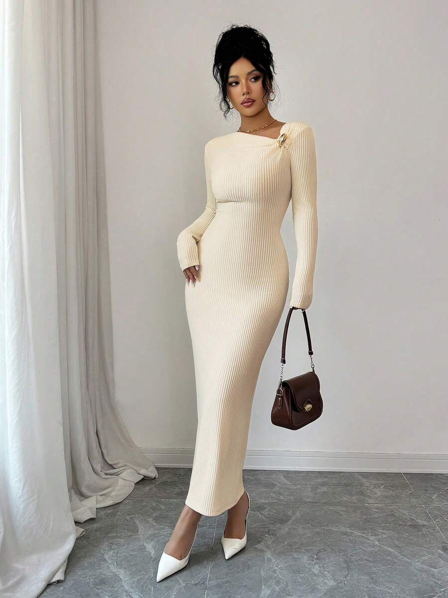 SHEIN Elenzga فستان مضلع بلون مشمشي بياقة غير متماثلة وأكمام طويلة