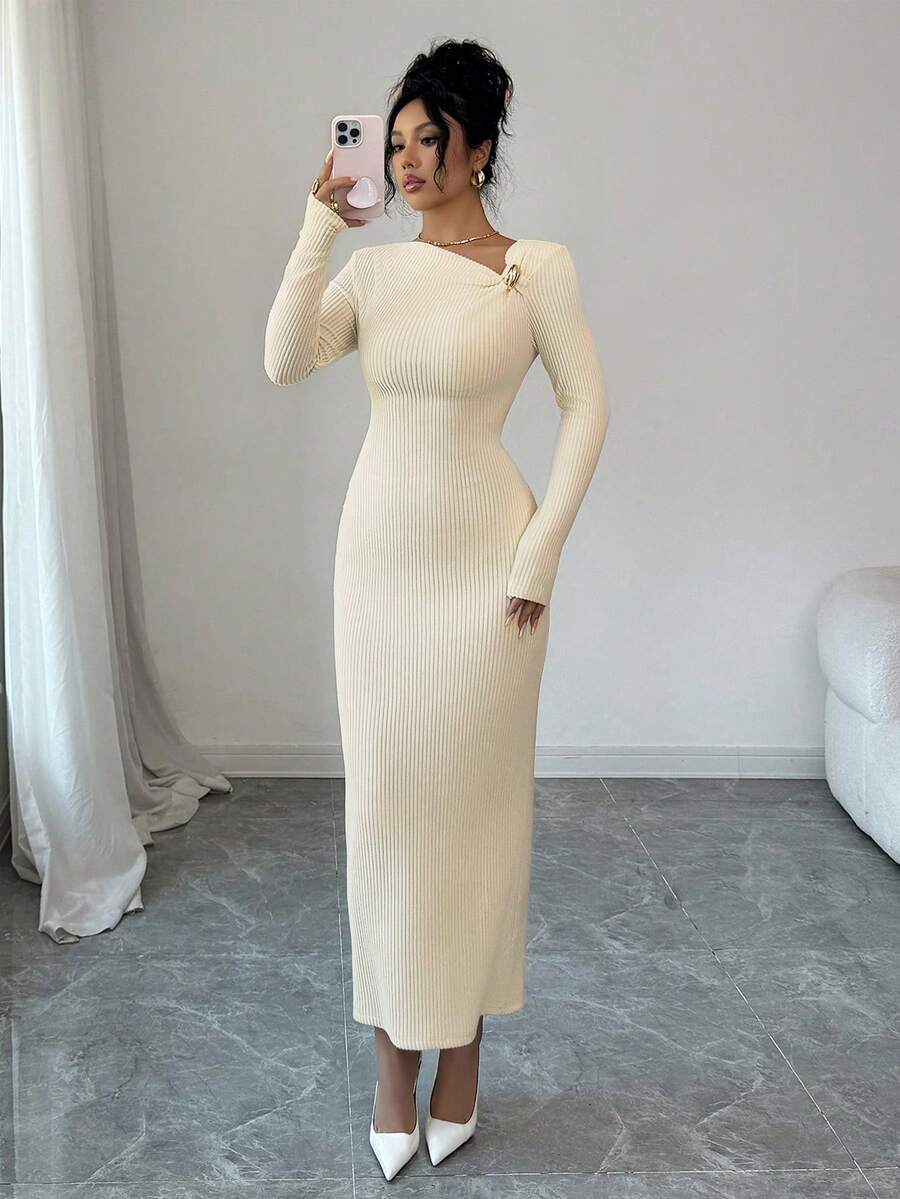 SHEIN Elenzga فستان مضلع بلون مشمشي بياقة غير متماثلة وأكمام طويلة