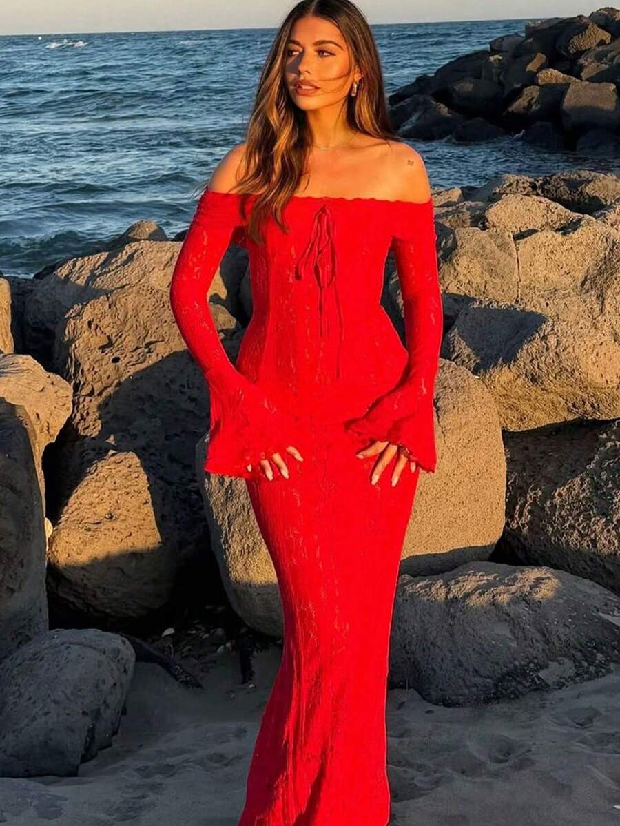 SHEIN فستان أحمر طويل دانتيل بأكتاف مكشوفة وواسعة