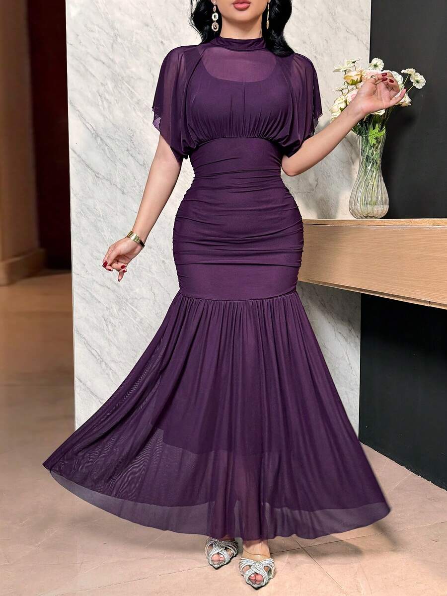 SHEIN Feyla فستان كوكتيل مطوي شفاف بخصر ضيق وقصة أنيقة