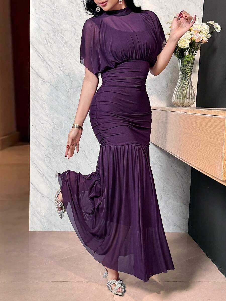 SHEIN Feyla فستان كوكتيل مطوي شفاف بخصر ضيق وقصة أنيقة