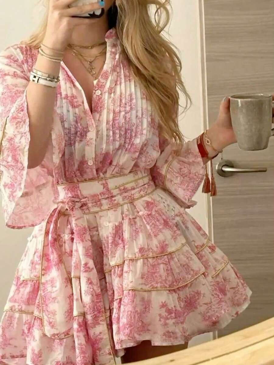 SHEIN INAWLY فستان كاجوال مطبوع بأزرار أنيق
