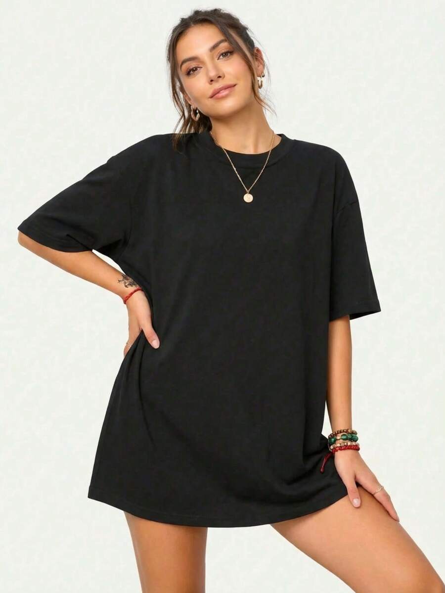 SHEIN تي شيرت أسود فضفاض بياقة دائرية وأكمام قصيرة
