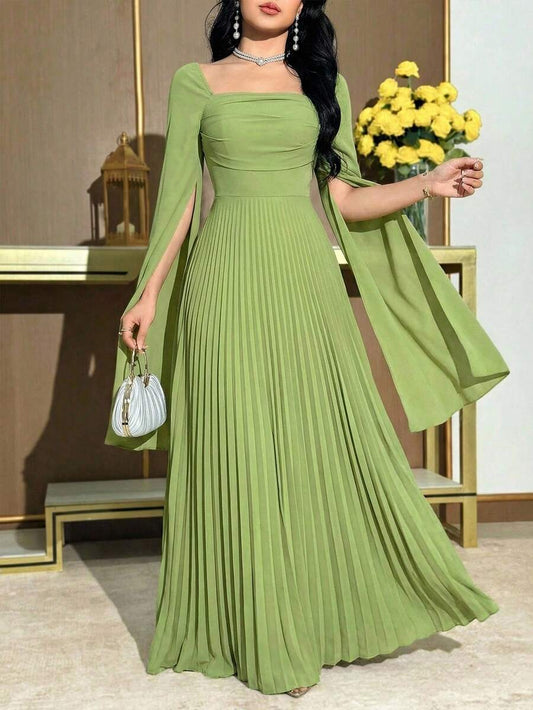SHEIN Modelyn فستان أخضر بأكمام طويلة مطوي بياقة مربعة