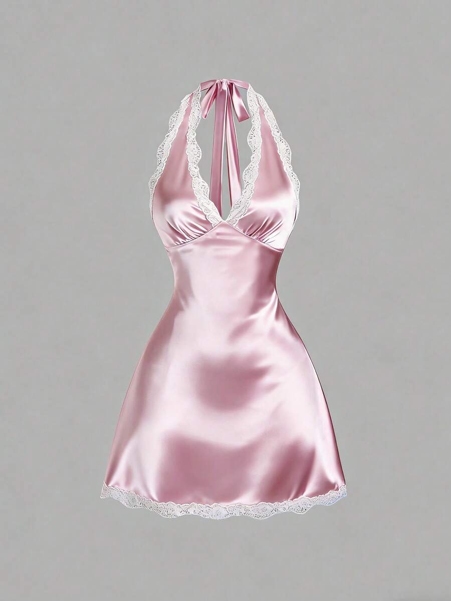 SHEIN Sweetra فستان وردي قصير ضيق بتطريز دانتيل