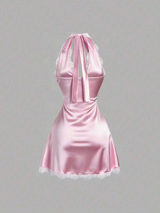 SHEIN Sweetra فستان وردي قصير ضيق بتطريز دانتيل