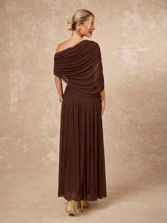 SHEIN فستان طويل بتفاصيل معدنية وطيات غير متماثلة على الكتف