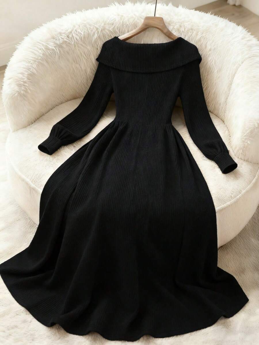 SHEIN Franclia فستان أسود محبوك بتنورة منتفخة مشدودة الخصر
