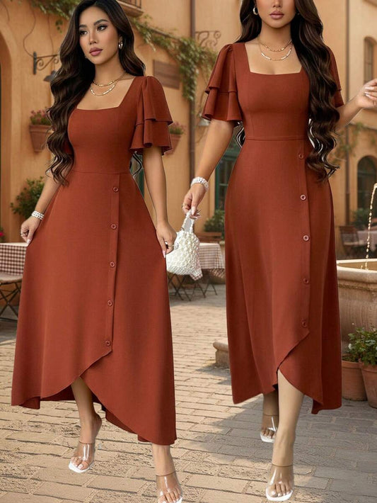 SHEIN Rafferiza فستان برتقالي بياقة مربعة قصيرة الأكمام بكشكشة منحرفة وأزرار
