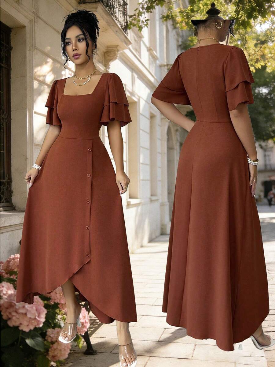 SHEIN Rafferiza فستان برتقالي بياقة مربعة قصيرة الأكمام بكشكشة منحرفة وأزرار