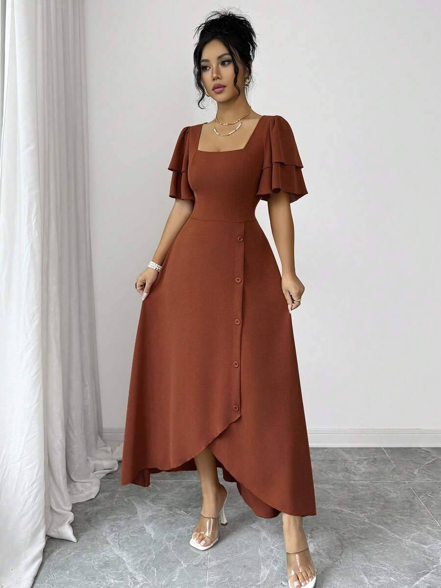 SHEIN Rafferiza فستان برتقالي بياقة مربعة قصيرة الأكمام بكشكشة منحرفة وأزرار