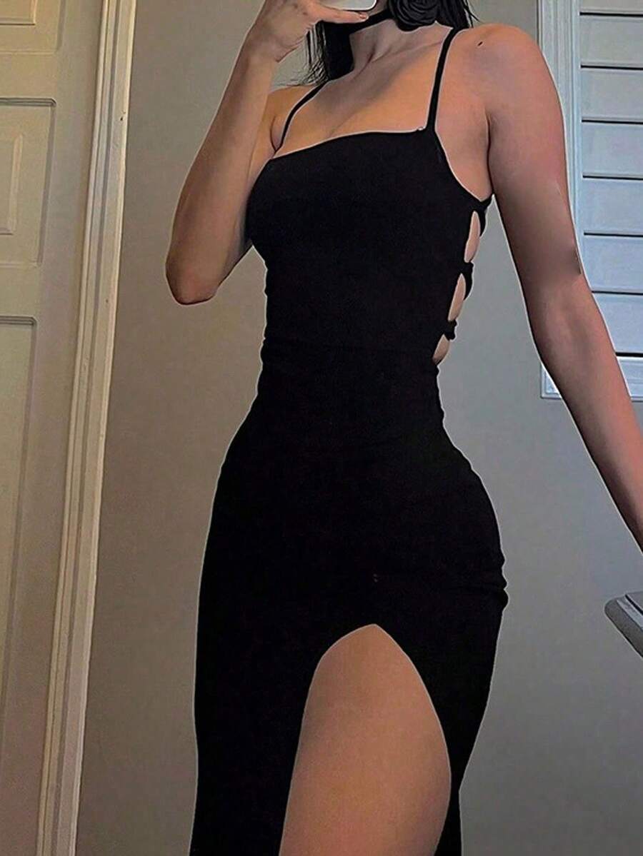 SHEIN فستان سليب أسود أنيق بأربطة ظهر وشق جانبي