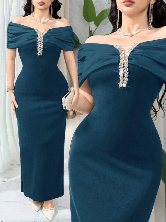SHEIN Feyla فستان أنيق مطوي مزين بالراين بكتف مكشوف