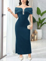 SHEIN Feyla فستان أنيق مطوي مزين بالراين بكتف مكشوف