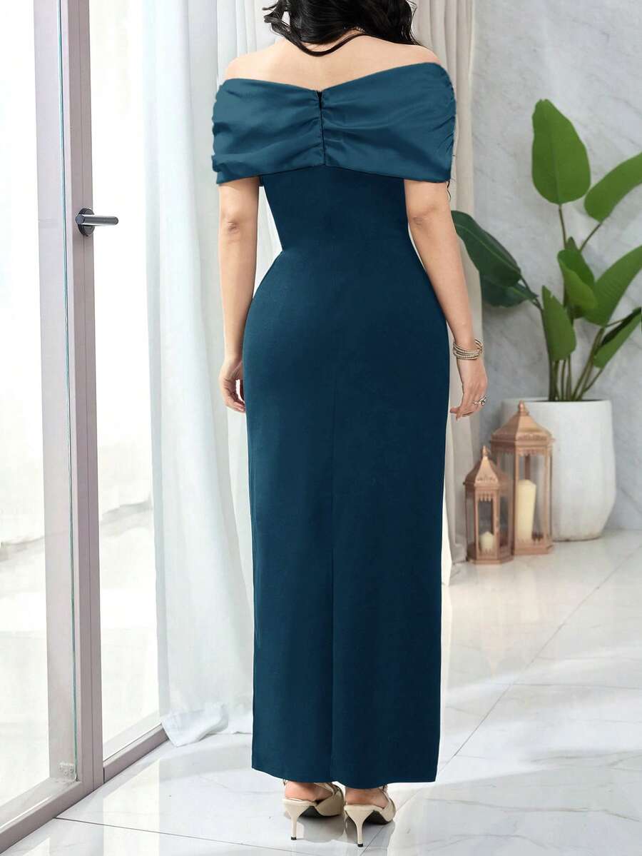 SHEIN Feyla فستان أنيق مطوي مزين بالراين بكتف مكشوف
