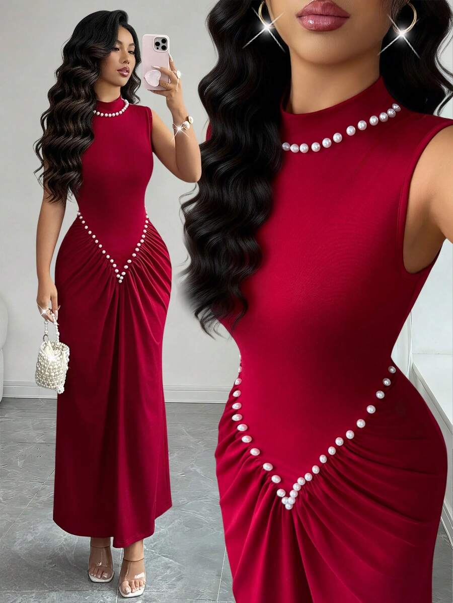SHEIN Rafferiza فستان عنابي محبوك بتصميم مطوي مرن مزين باللؤلؤ