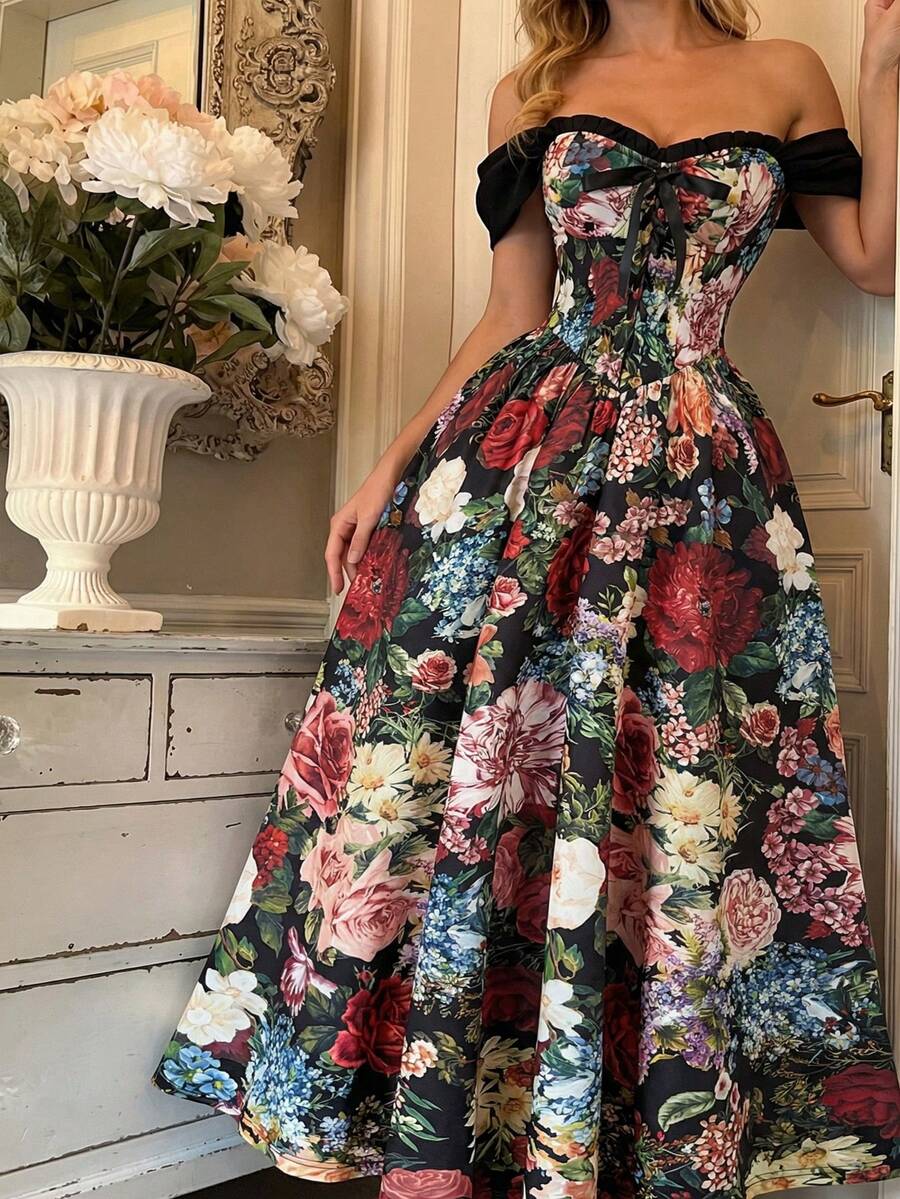 SHEIN MOD فستان بطبعة زهور وياقة منحرفة الكتف
