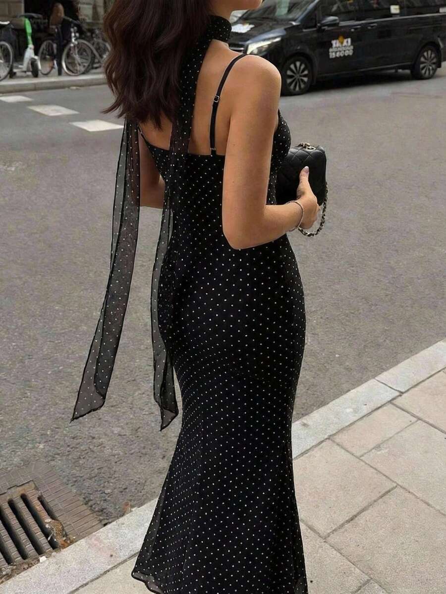SHEIN Firerie فستان أسود بطبعة نقاط بولكا بحمالات سباغيتي وقصة ذيل سمكة