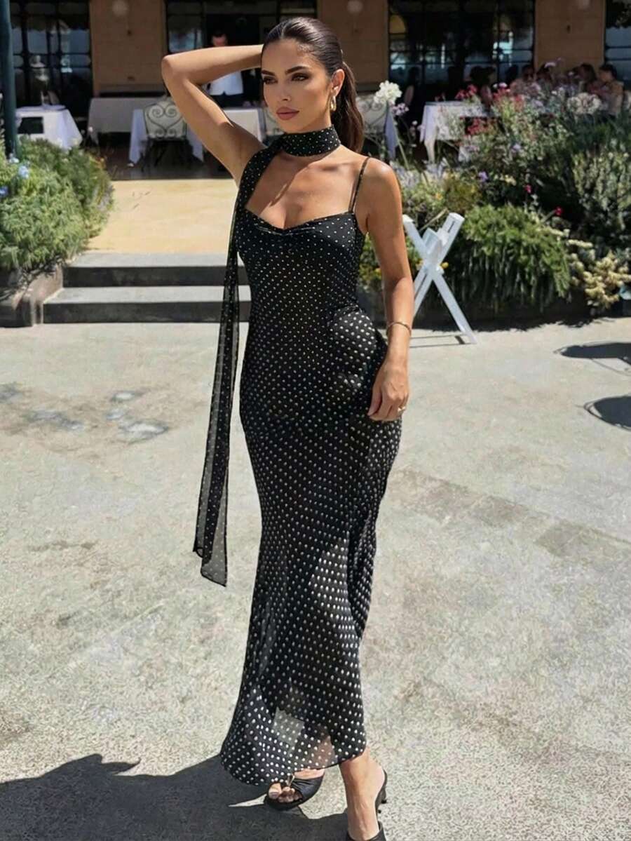SHEIN Firerie فستان أسود بطبعة نقاط بولكا بحمالات سباغيتي وقصة ذيل سمكة