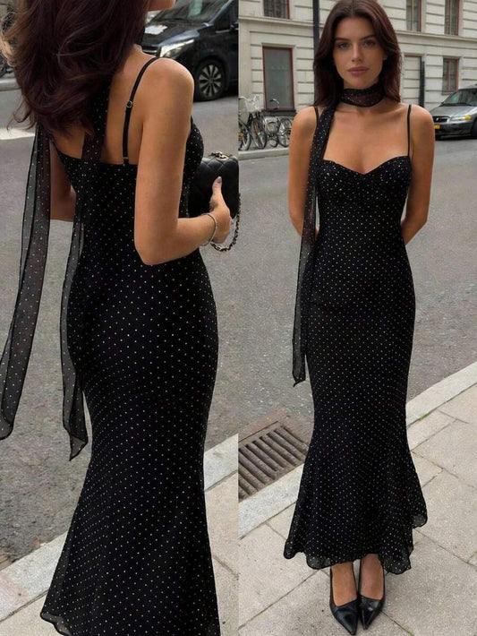 SHEIN Firerie فستان أسود بطبعة نقاط بولكا بحمالات سباغيتي وقصة ذيل سمكة