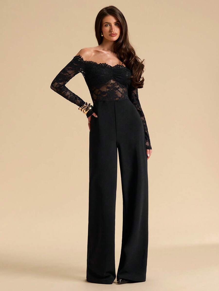 SHEIN BAE جمبسوت أسود من الدانتيل أوف شولدر بساق واسعة