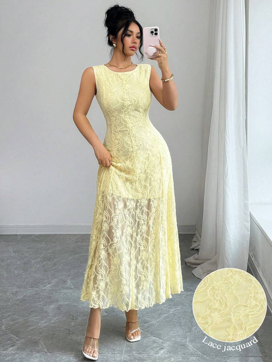 SHEIN Modelyn فستان أصفر بدون أكمام مزخرف بالزهور والدانتيل الفرنسي