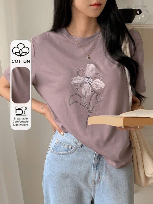 SHEIN DAZY تي شيرت كاجوال فضفاض بطبعة زهور بلون أرجواني