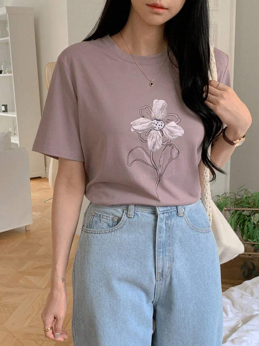 SHEIN DAZY تي شيرت كاجوال فضفاض بطبعة زهور بلون أرجواني