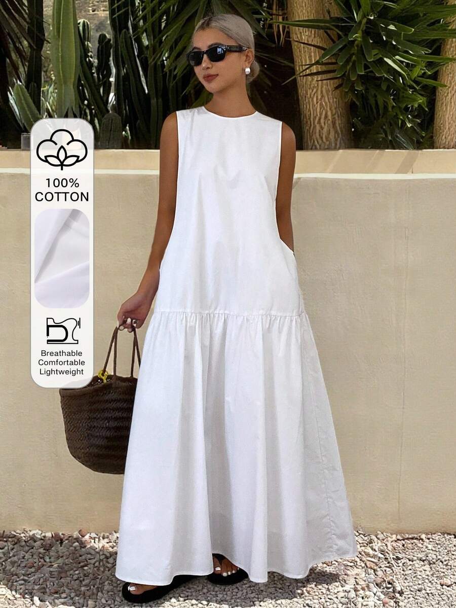 SHEIN LIVESSO فستان أبيض طويل بدون أكمام كاجوال