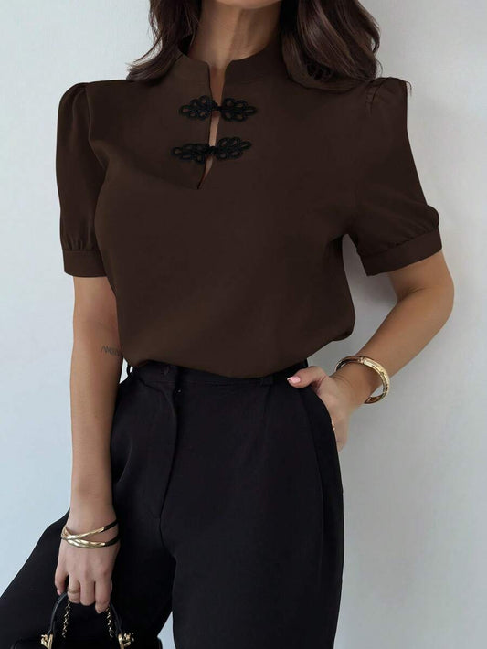 SHEIN Firerie بلوز  بأكمام منتفخة وأزرار وألوان بلون قهوة بني