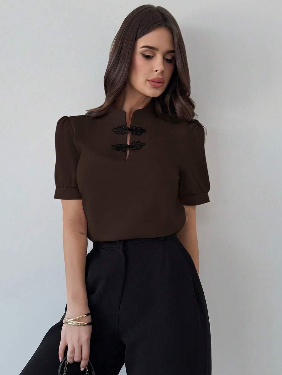 SHEIN Firerie بلوز  بأكمام منتفخة وأزرار وألوان بلون قهوة بني