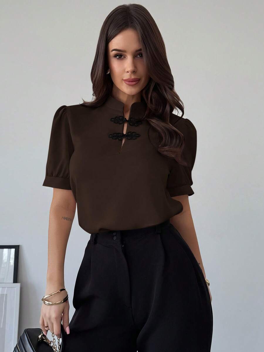 SHEIN Firerie بلوز  بأكمام منتفخة وأزرار وألوان بلون قهوة بني