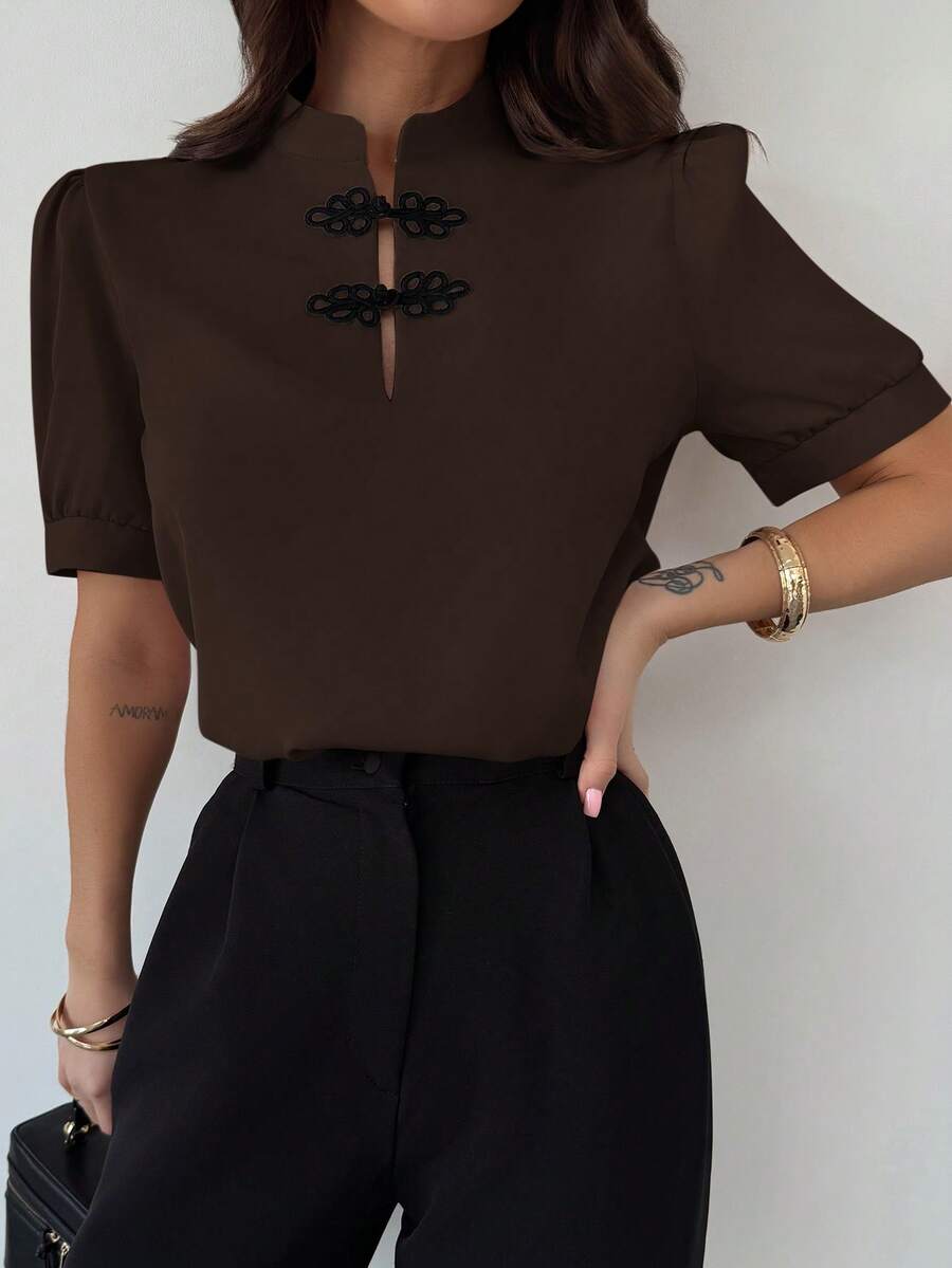 SHEIN Firerie بلوز  بأكمام منتفخة وأزرار وألوان بلون قهوة بني
