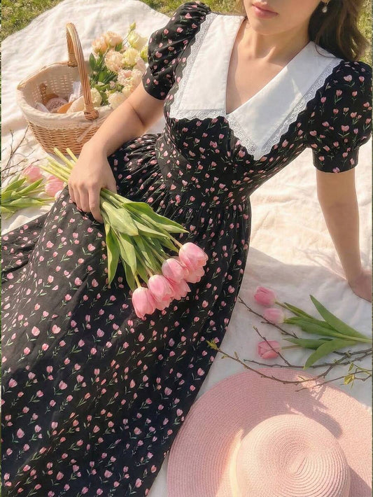 SHEIN MOD فستان بطباعة زهور بأكمام منتفخة كاجوال