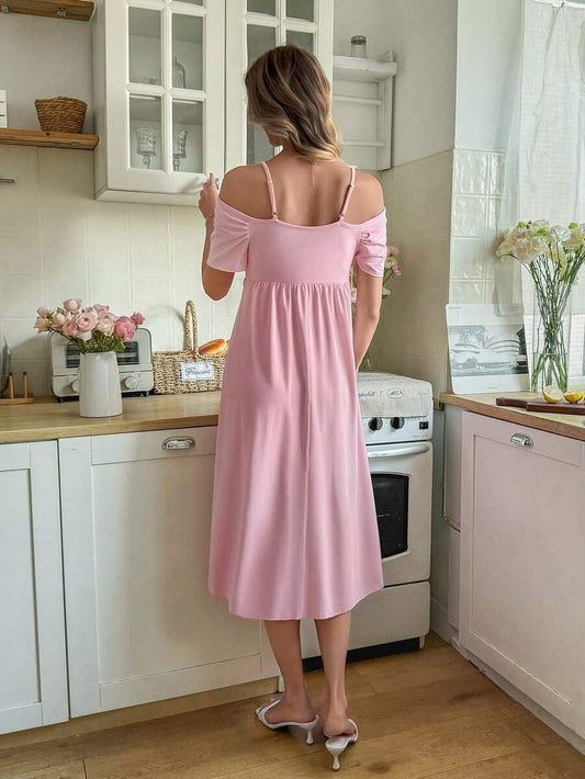 SHEIN Snug Reverie قميص نوم بأكمام قصيرة مزين بالدانتيل والفيونكة