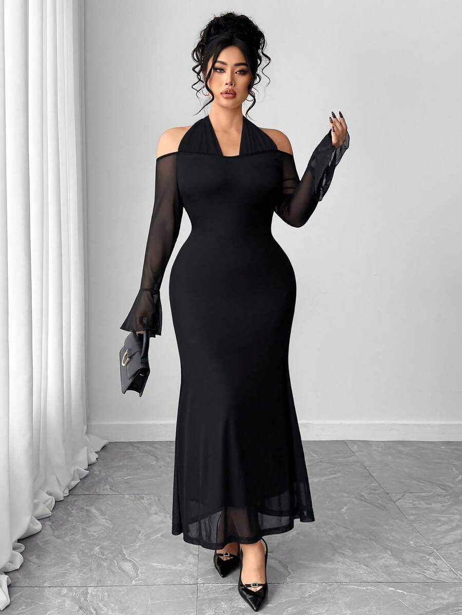SHEIN Elenzga فستان أسود طويل للمقاسات كبيرة بكتف بارز شبكي