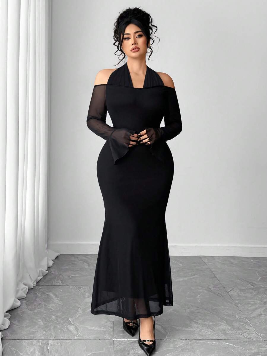 SHEIN Elenzga فستان أسود طويل للمقاسات كبيرة بكتف بارز شبكي