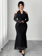 SHEIN Elenzga فستان أسود طويل للمقاسات كبيرة بكتف بارز شبكي