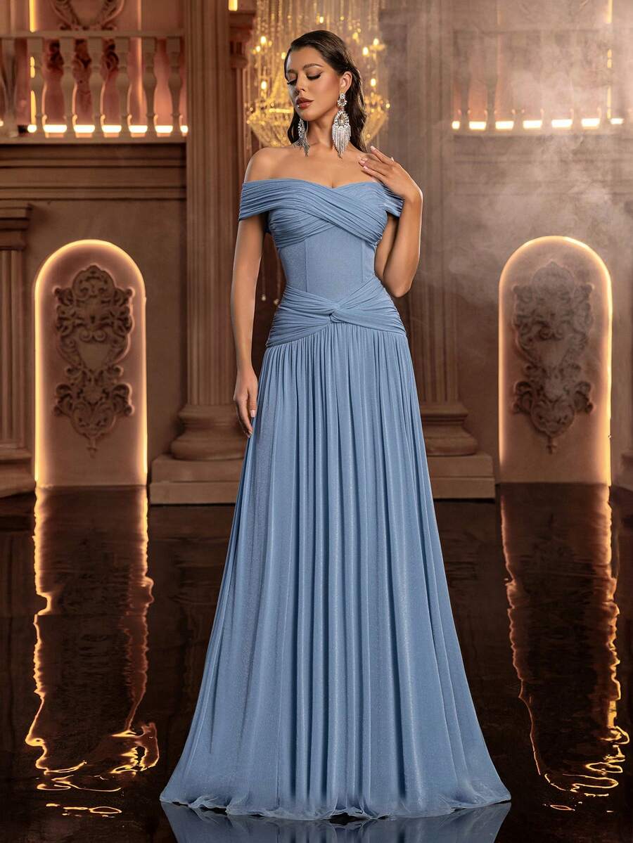 SHEIN Glamrae فستان سهرة أزرق من قماش مضفر بخصر مطوي