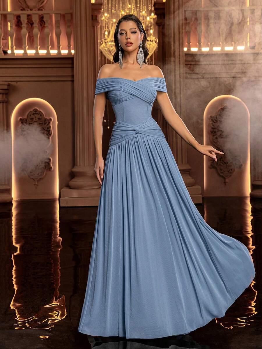SHEIN Glamrae فستان سهرة أزرق من قماش مضفر بخصر مطوي