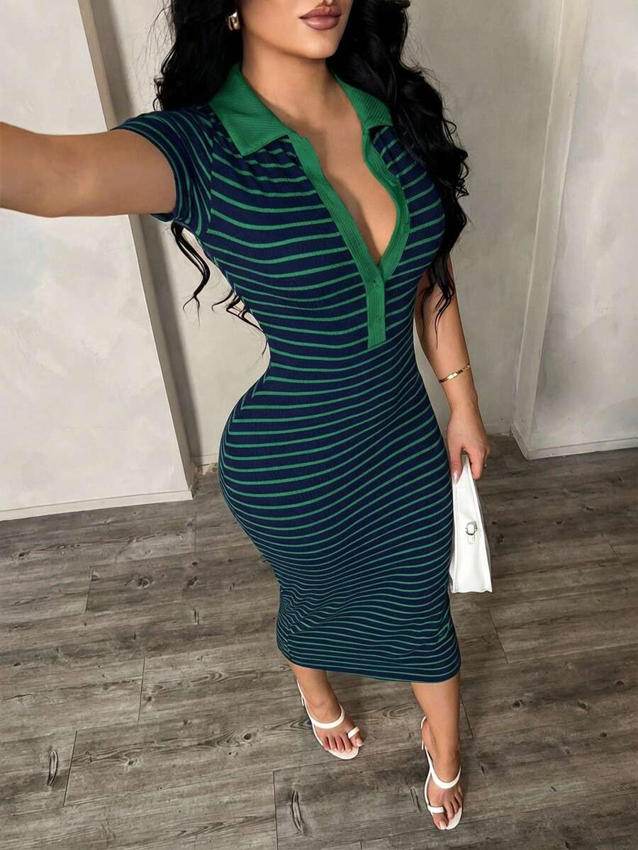 SHEIN SXY فستان أخضر بولو مخطط مرن