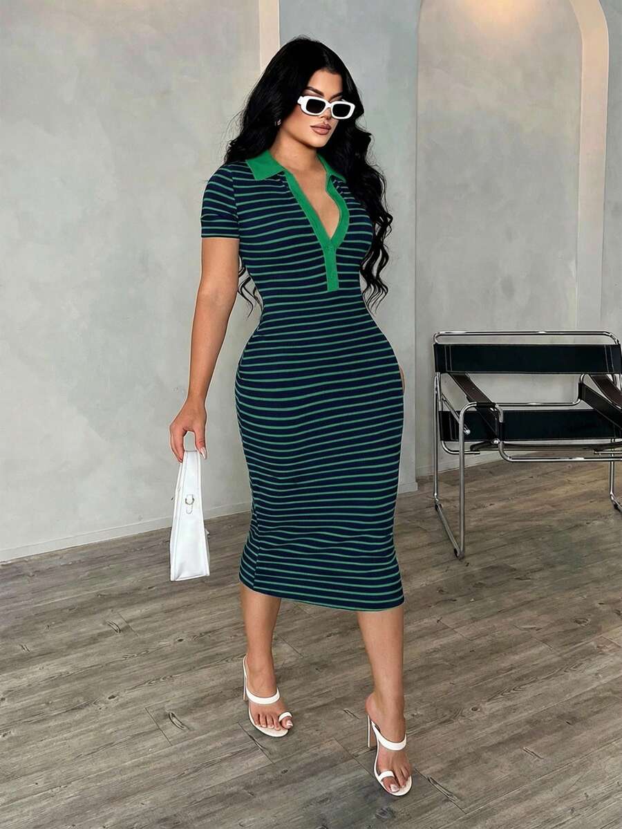 SHEIN SXY فستان أخضر بولو مخطط مرن