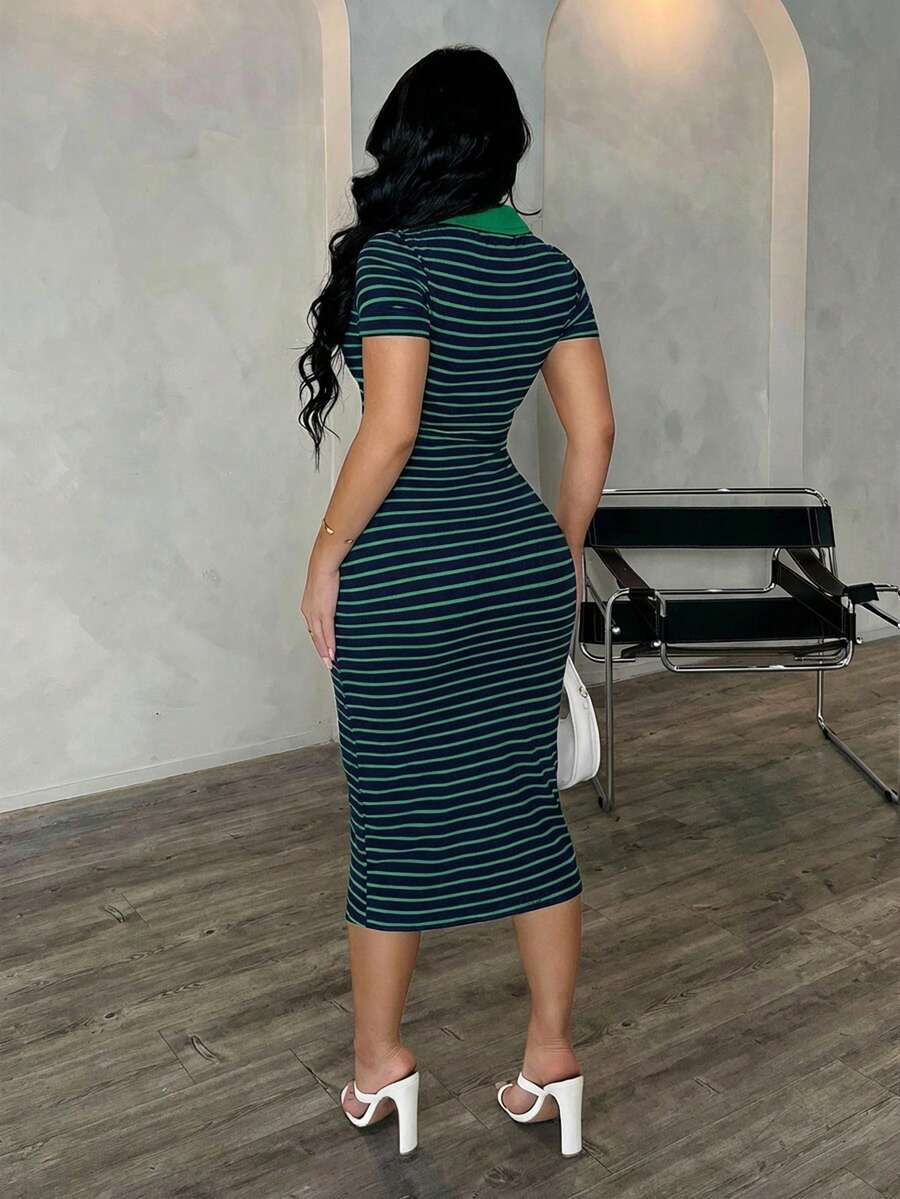 SHEIN SXY فستان أخضر بولو مخطط مرن