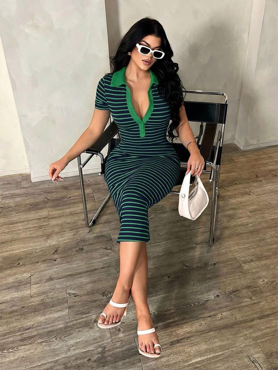 SHEIN SXY فستان أخضر بولو مخطط مرن