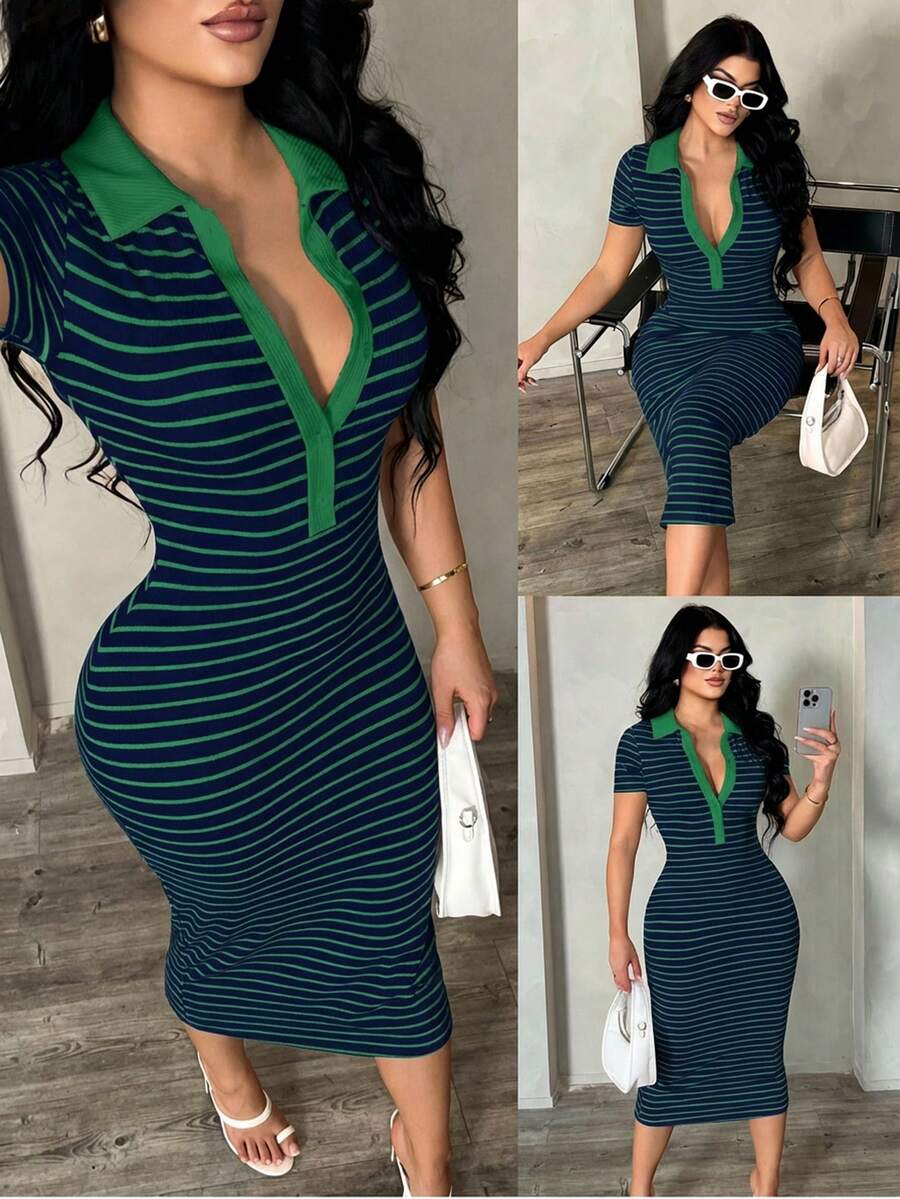 SHEIN SXY فستان أخضر بولو مخطط مرن