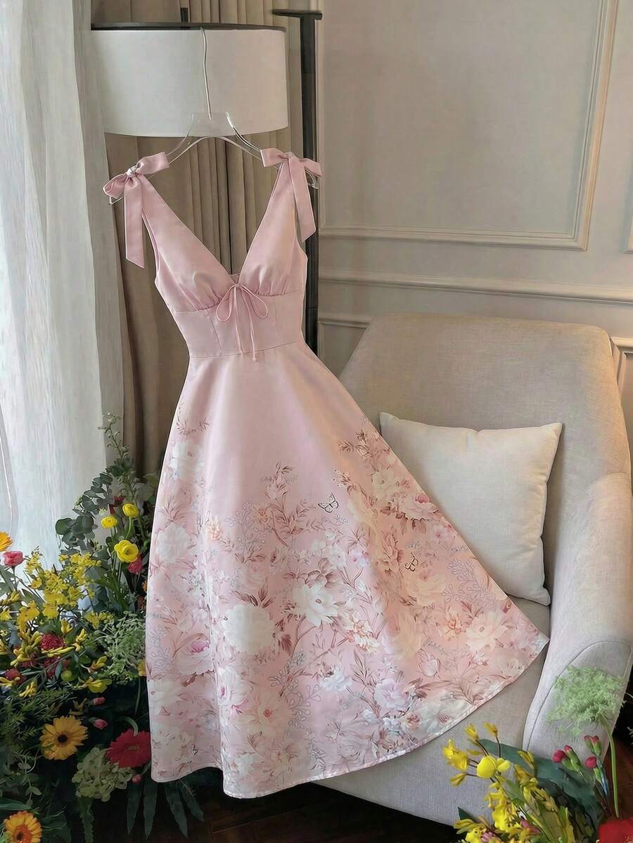 SHEIN Skyraze فستان وردي أنيق بطبعة زهور وربطة خصر