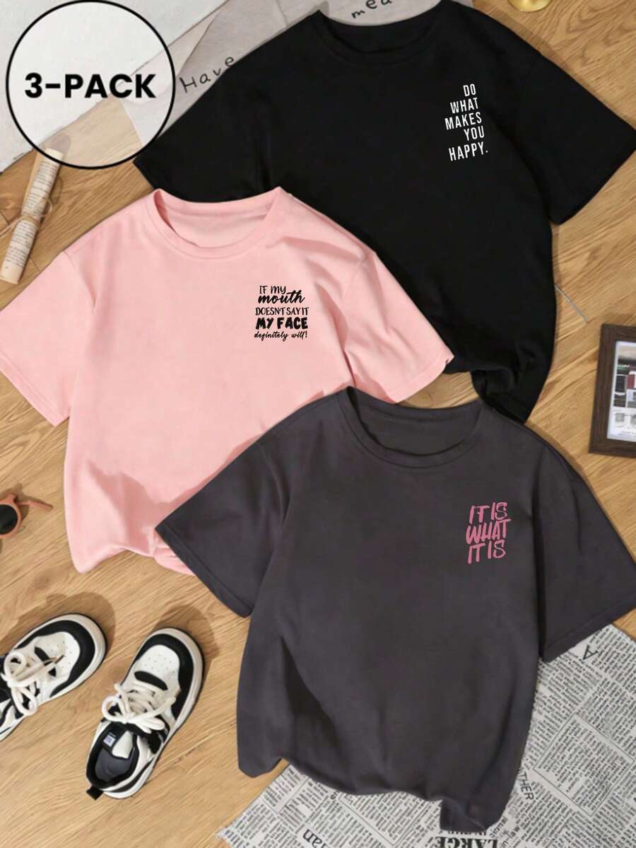 SHEIN طقم تي شيرت 3 قطع فضفاضة بياقة دائرية وأكمام قصيرة