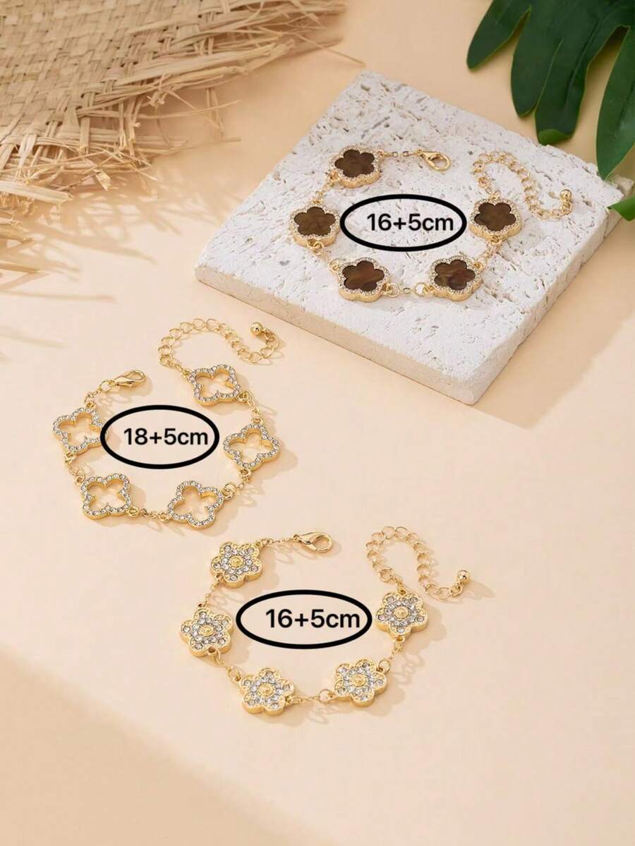 SHEIN طقم أساور 3 قطع مزينة بالراين بشكل ورقة البرسيم قابلة للتكديس