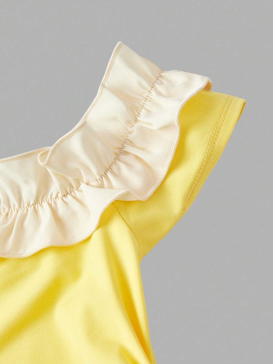 SHEIN MOD فستان أصفر طويل مطوي بكتف غير متماثل وتريم مكشكش