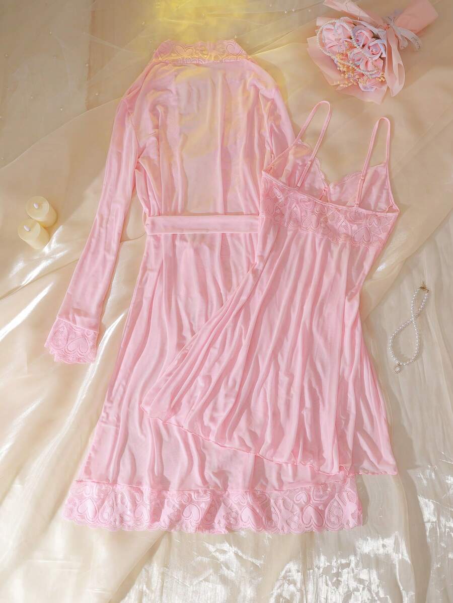 SHEIN DelicateAllure فستان نوم وردي من الدانتيل وروب أنيق